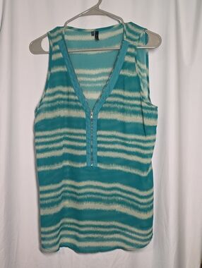 Maurices Teal and Cream Striped Sleeveless Zip Front Tank